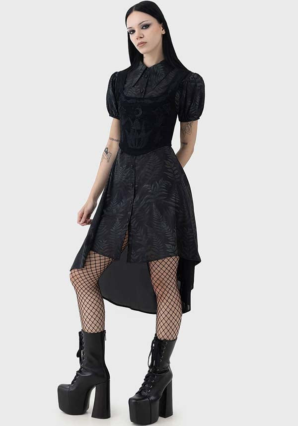 Equinoxx Fern Print Stretch Shirt Dress with Skull Button Detail