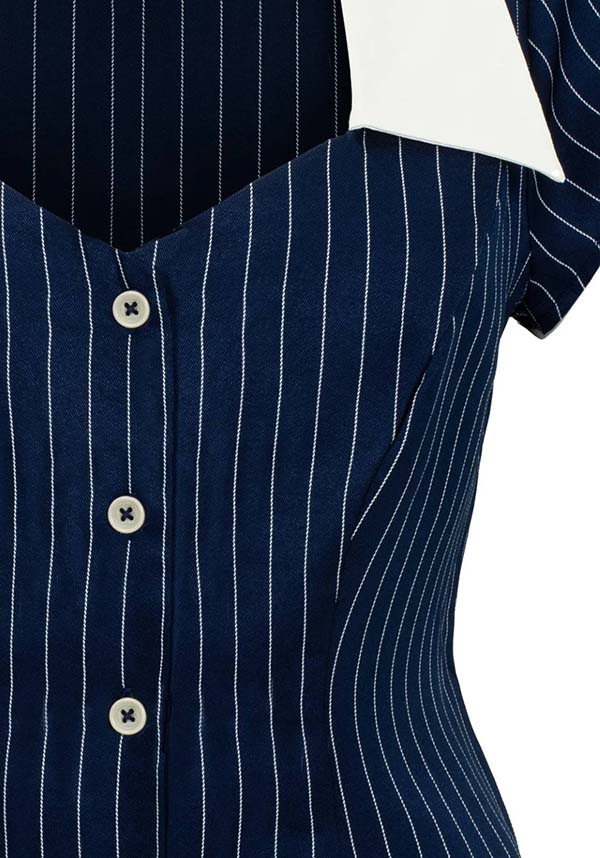 Hell Bunny Costello Retro Navy and White Pinstriped Top for a Timeless Look