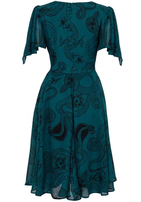 Hell Bunny Dark Green Venom MIDI Dress with Snake and Star Print