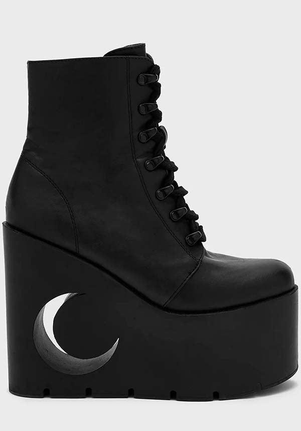 Crescent Faux Leather Platform Boots with Unique Cut - Out Design