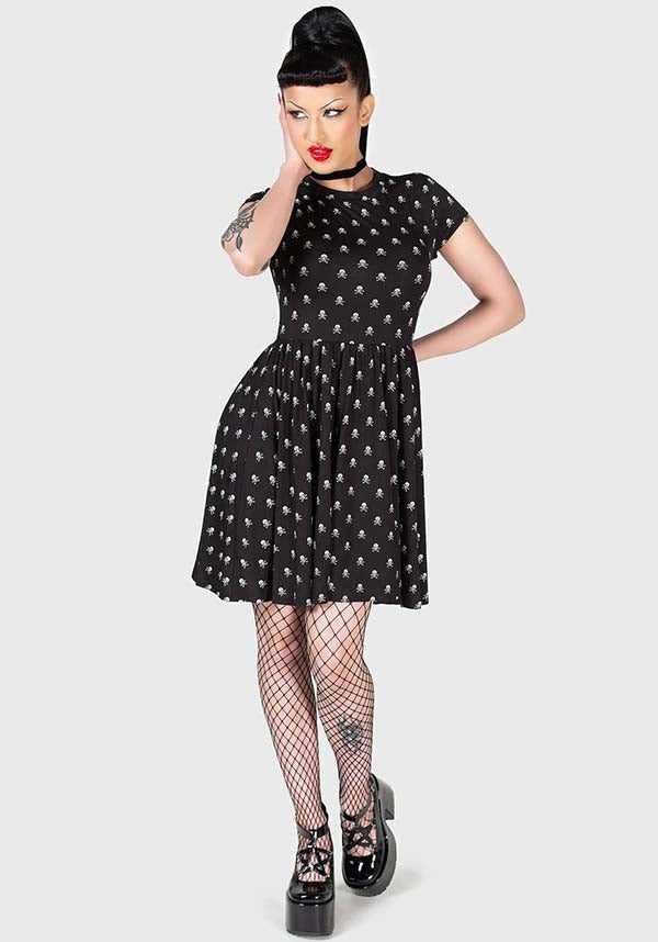 MINI FAKE OUT DRESS WITH SKULL PRINT AND ELASTICATED WAIST