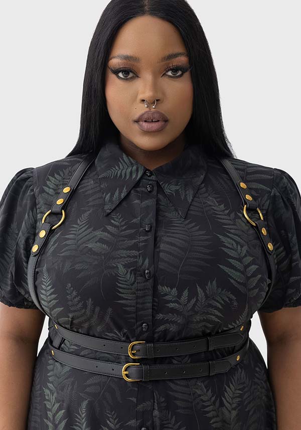 Equinoxx Fern Print Stretch Shirt Dress with Skull Button Detail