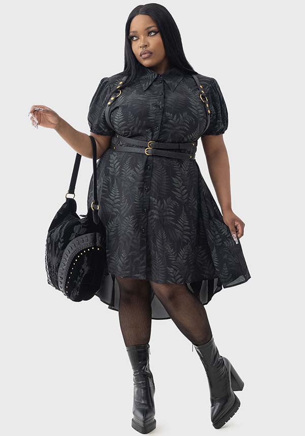 Equinoxx Fern Print Stretch Shirt Dress with Skull Button Detail