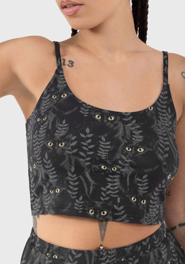 Stylish Familiar Woods Cropped TOP with Cat Print