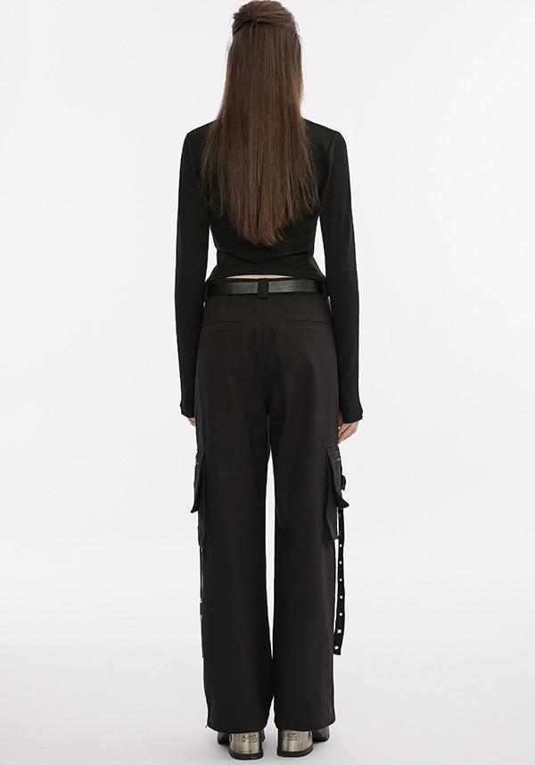Elastic Knit Long-Sleeve Top with Dagger Embroidery