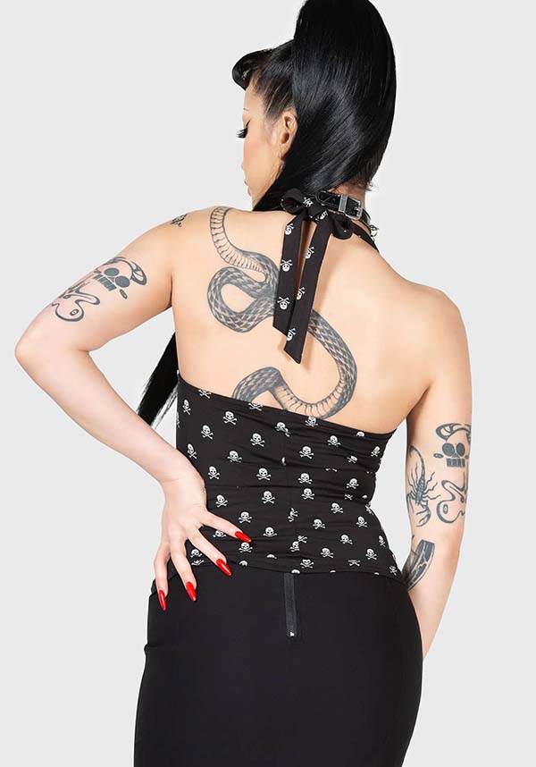 Flipped Halter Top - Fashionable Women's Stretch Halter Neck Top with Skull Print