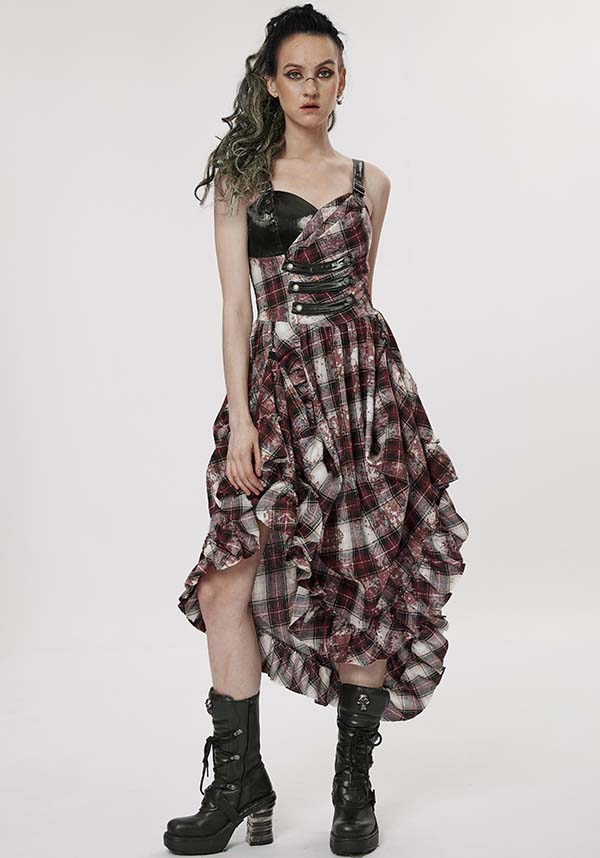 Punk Rave's Striking Danika Red Tartan MIDI Women's Dress for Edgy Fashion Lovers
