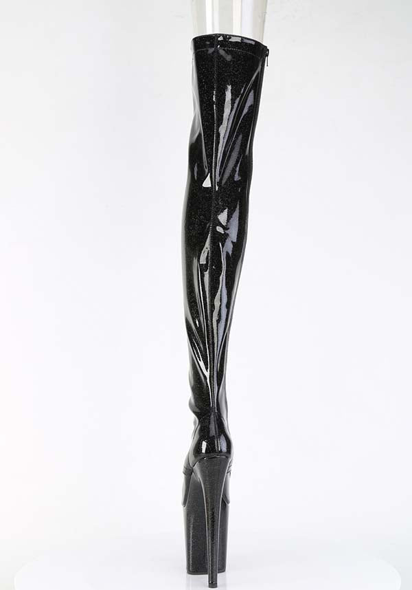 Flamingo-3021GP Black Glitter Platform Thigh High Pre-order Peep Toe Lace-Up Boots