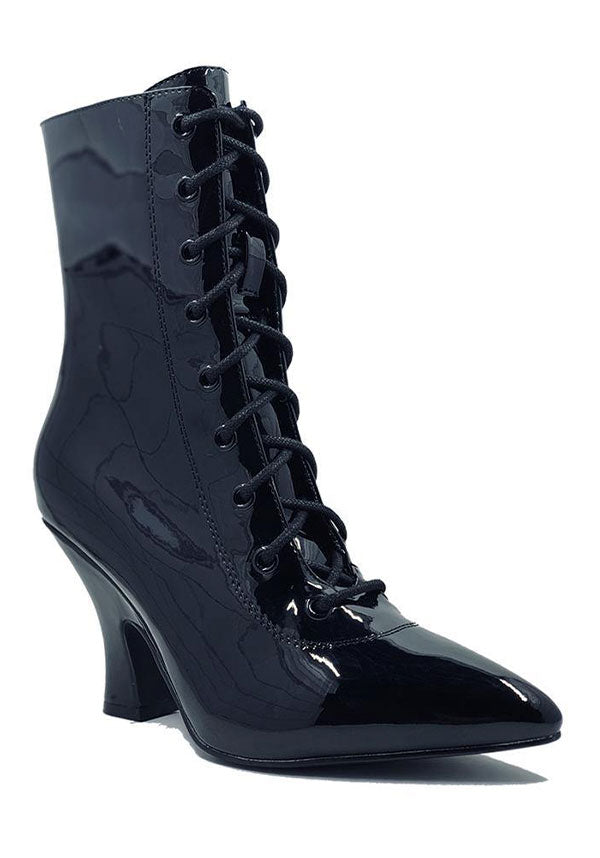 Victoria Black Patent Vegan Leather Witchy Boots with 2 - inch Heel