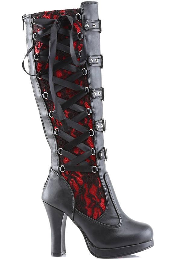 Preorder Demonia Crypto-106 Knee High Boots in Black/Red