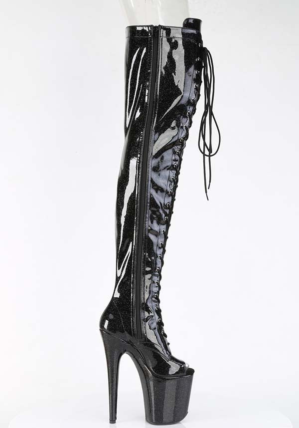 Flamingo-3021GP Black Glitter Platform Thigh High Pre-order Peep Toe Lace-Up Boots