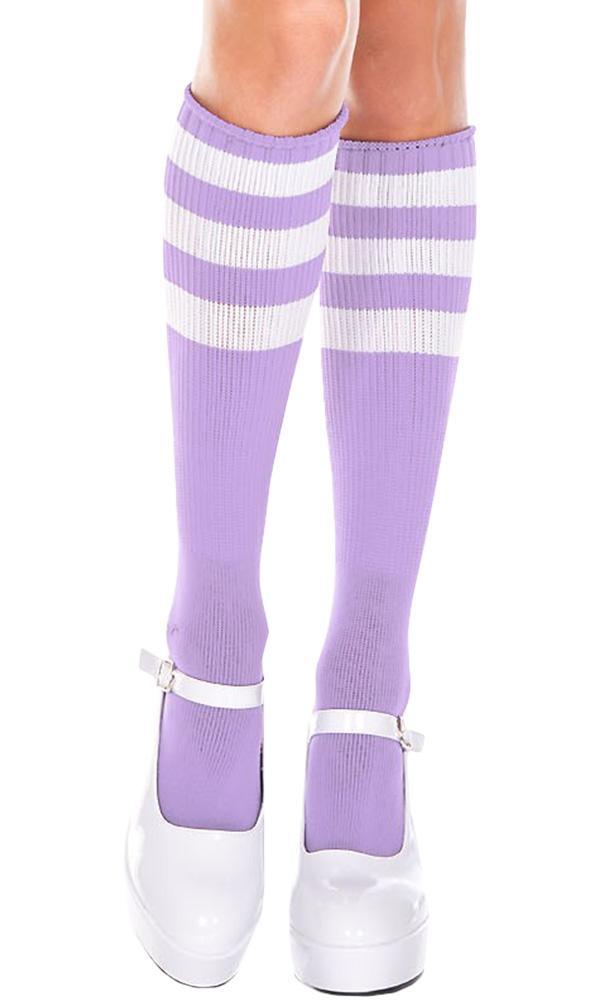 Light Purple and White Acrylic Triple - Stripe Knee - High Socks