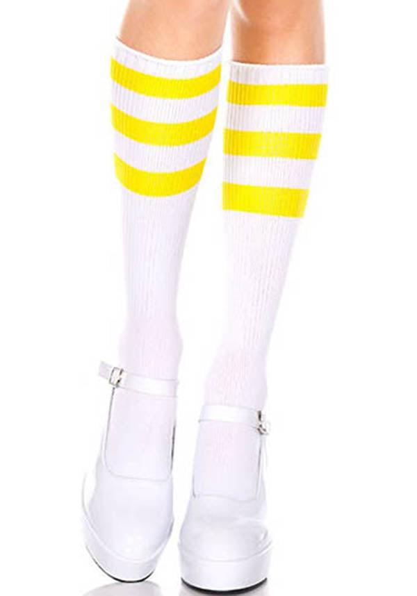 Music Legs Triple Stripe Knee High Socks in White and Neon Yellow Color Scheme for Summer Fun