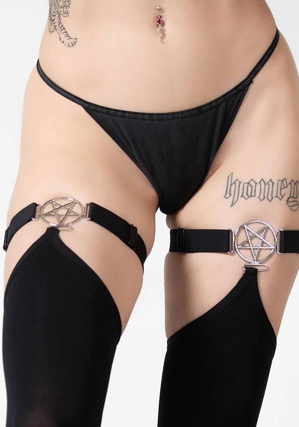 Fiendish Adjustable Hold - Up Stretch Stockings with Metal Pentagram Hardware