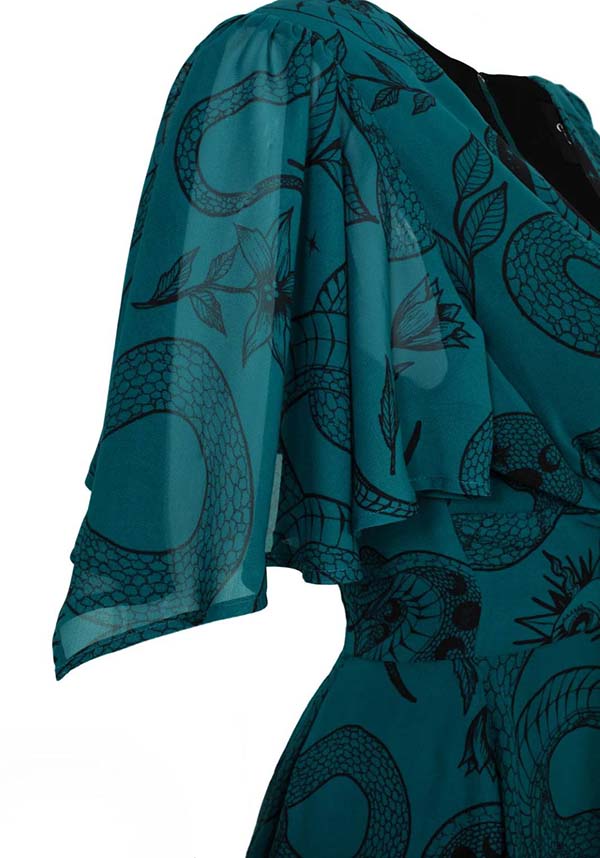 Hell Bunny Dark Green Venom MIDI Dress with Snake and Star Print