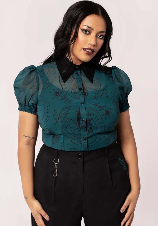 Hell Bunny Dark Green Venom Chiffon Top with Snake & Star Prints