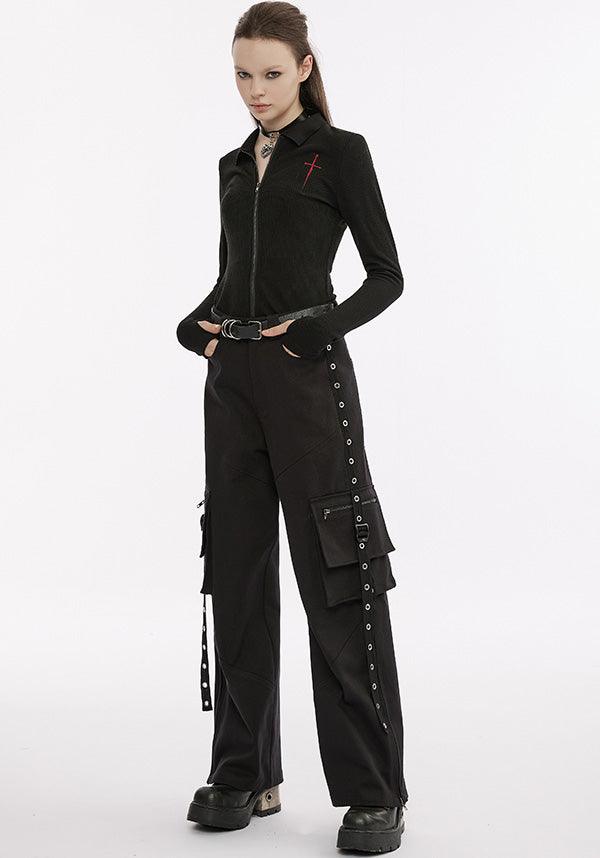 Elastic Knit Long-Sleeve Top with Dagger Embroidery