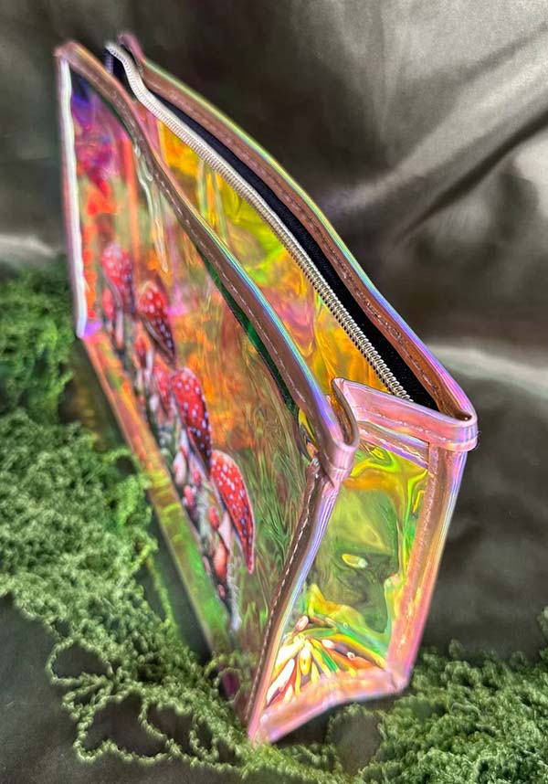 Enchanting Holographic Cosmetic Bag with Cute Red Cap Mushroom Print