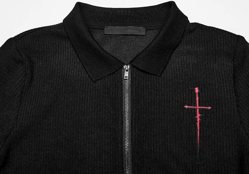 Elastic Knit Long-Sleeve Top with Dagger Embroidery