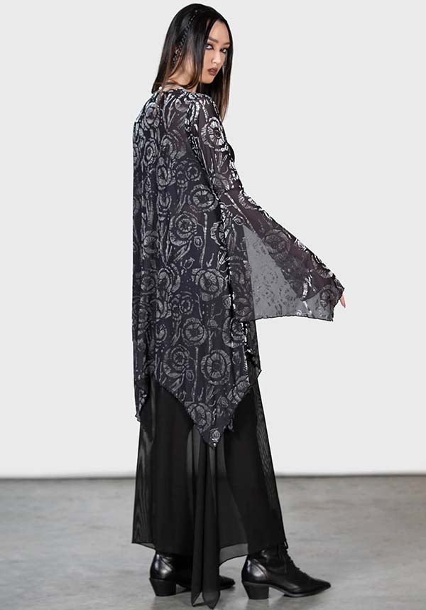 Stunning Flowering Fear Shawl with Stretch Mesh and Waterfall Sleeves