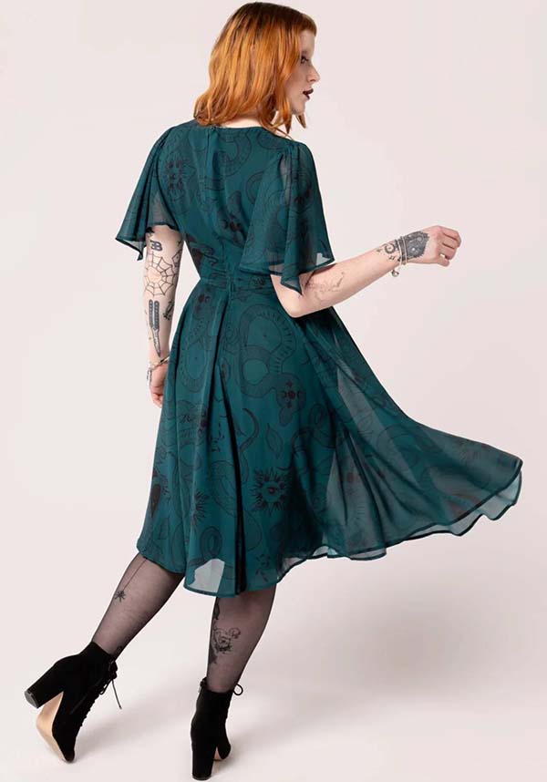 Hell Bunny Dark Green Venom MIDI Dress with Snake and Star Print