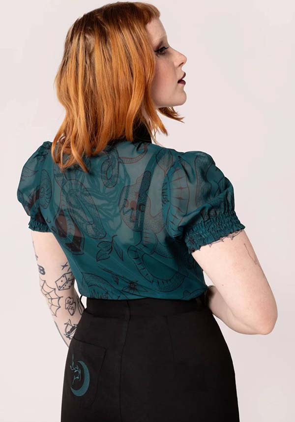 Hell Bunny Dark Green Venom Chiffon Top with Snake & Star Prints