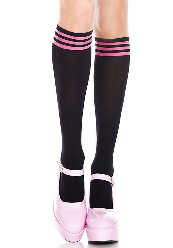 Stylish Triple Striped Knee High Socks in Black and Bright Magenta