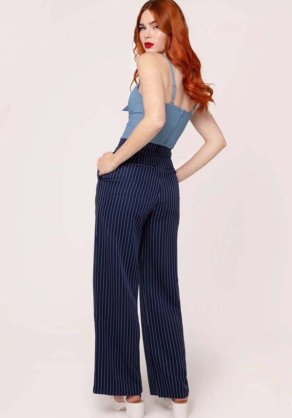 Hell Bunny Costello Navy Wide-Leg Retro Pinstripe Pants