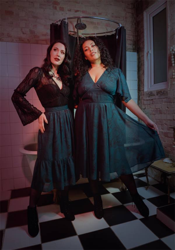 Hell Bunny Dark Green Venom Chiffon Midi Skirt with Snake & Star Prints