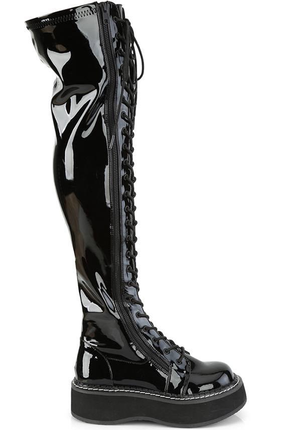 EMILY-375 Thigh-High Lace-Up Boots in Black Patent Leather - Preorder Available