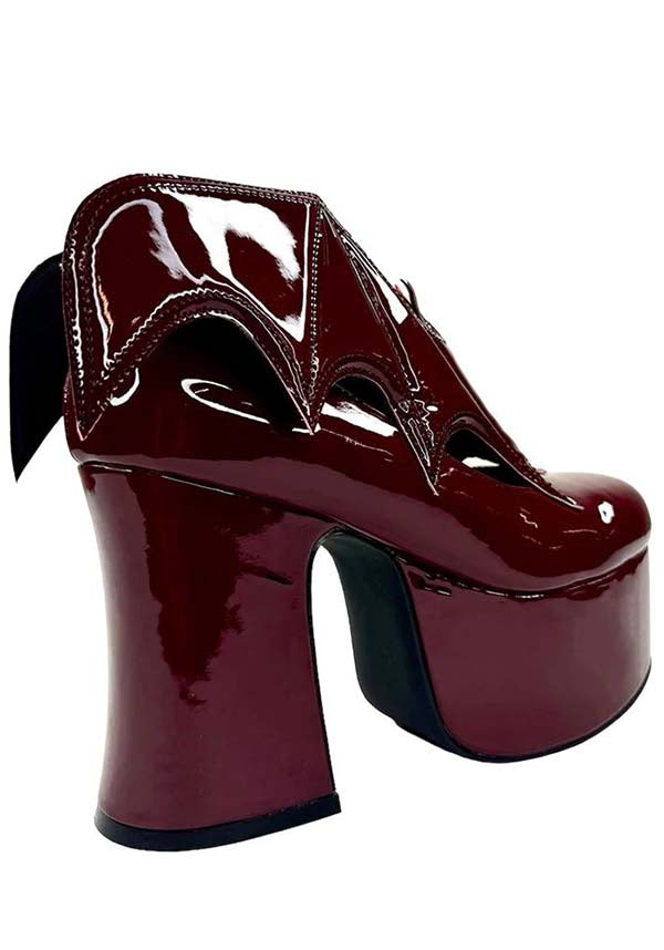 YRU Oxblood Vegan Platform Heels with Bat Wing Detail