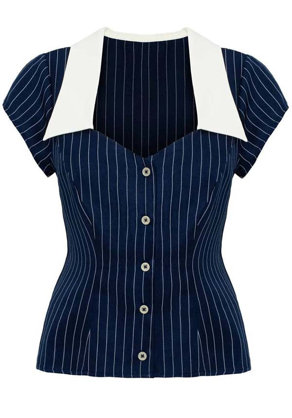 Hell Bunny Costello Retro Navy and White Pinstriped Top for a Timeless Look