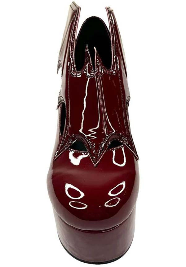 YRU Oxblood Vegan Platform Heels with Bat Wing Detail