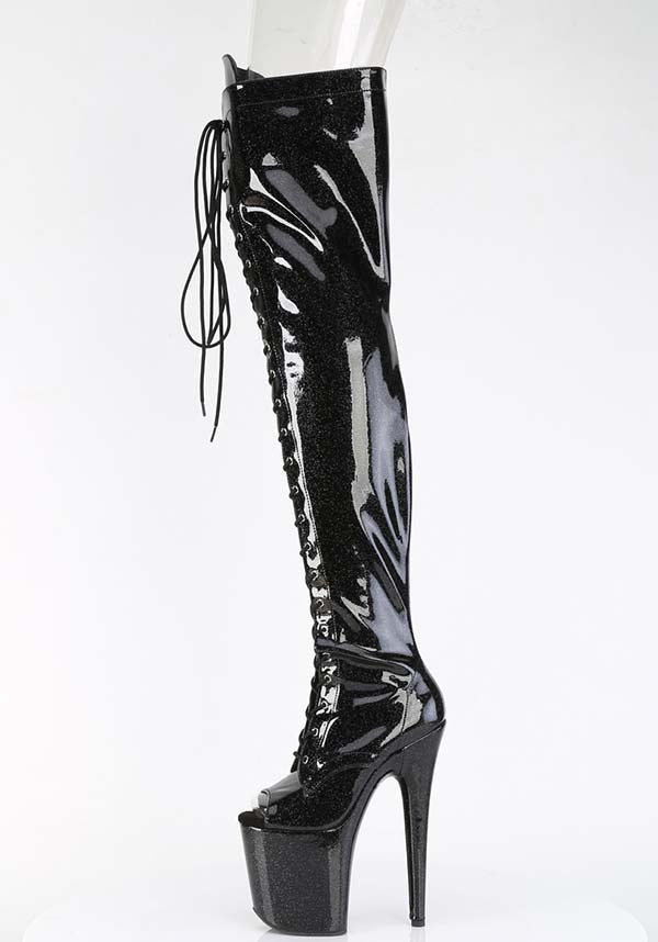 Flamingo-3021GP Black Glitter Platform Thigh High Pre-order Peep Toe Lace-Up Boots