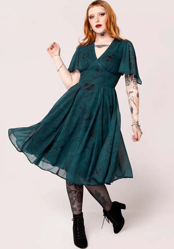 Hell Bunny Dark Green Venom MIDI Dress with Snake and Star Print