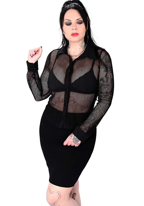 Black Fishnet Long Sleeve Button Up Shirt for Layering