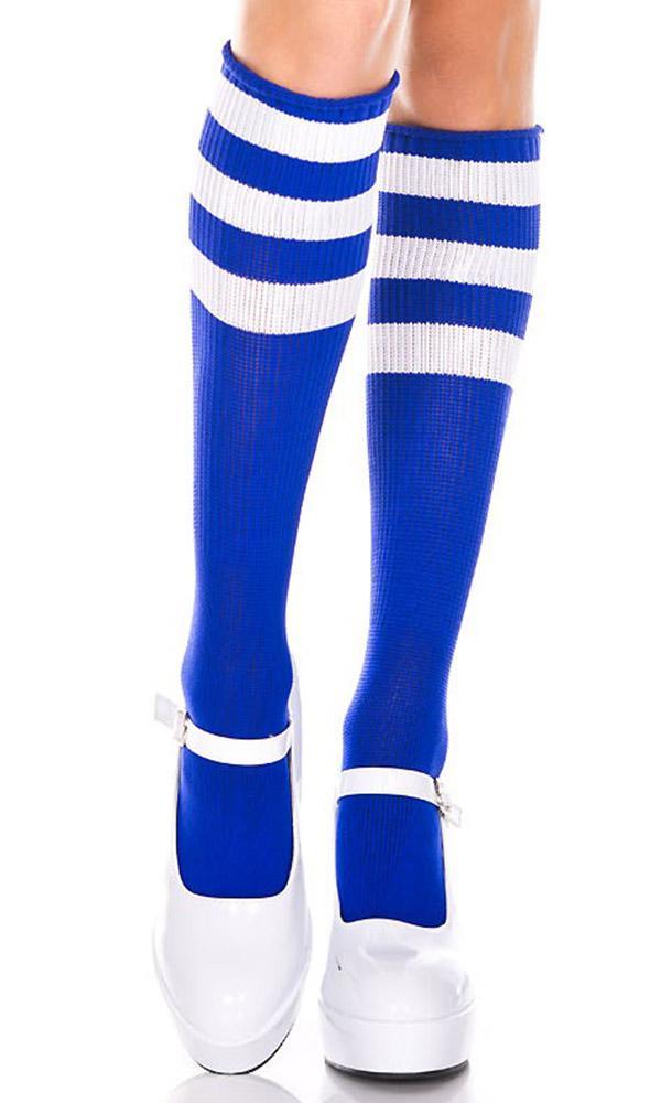 Fashionable Royal Blue and White Triple Stripe Knee High Socks for Trendy Wear