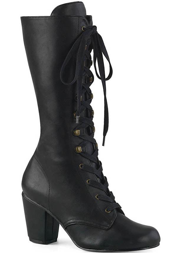 VIVIKA-205 Black Pre-order Mid-Calf Round Toe Lace-Up Boots by Demononia