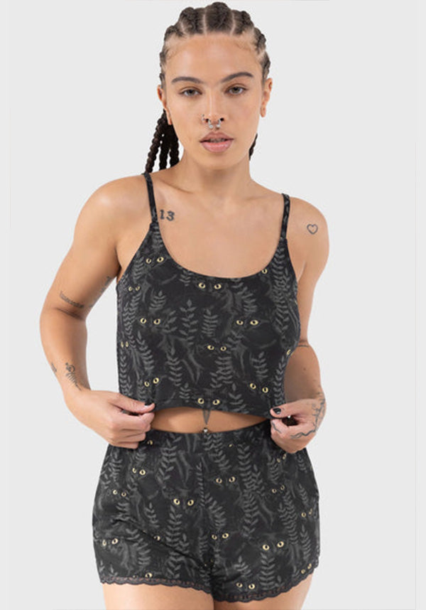 Stylish Familiar Woods Cropped TOP with Cat Print