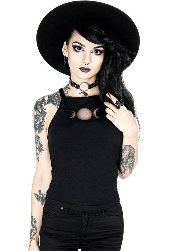 Triple Goddess Black Gothic Top with Moon Phase Mesh Cut-Outs