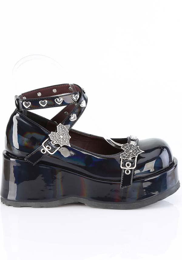 Demonia CUBBY-25 Flats in Black Holo Patent - Preorder