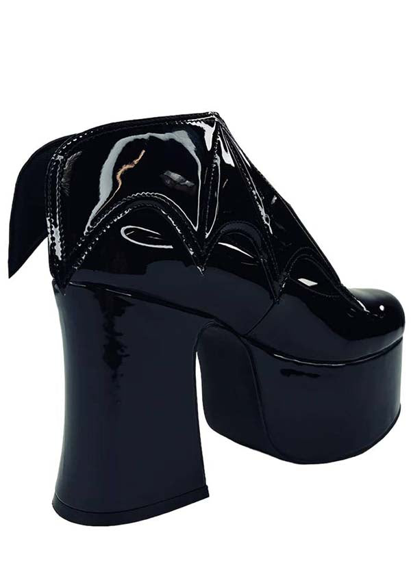 YRU Black Vegan Vampira Platform Heels with Bat Wing Detail