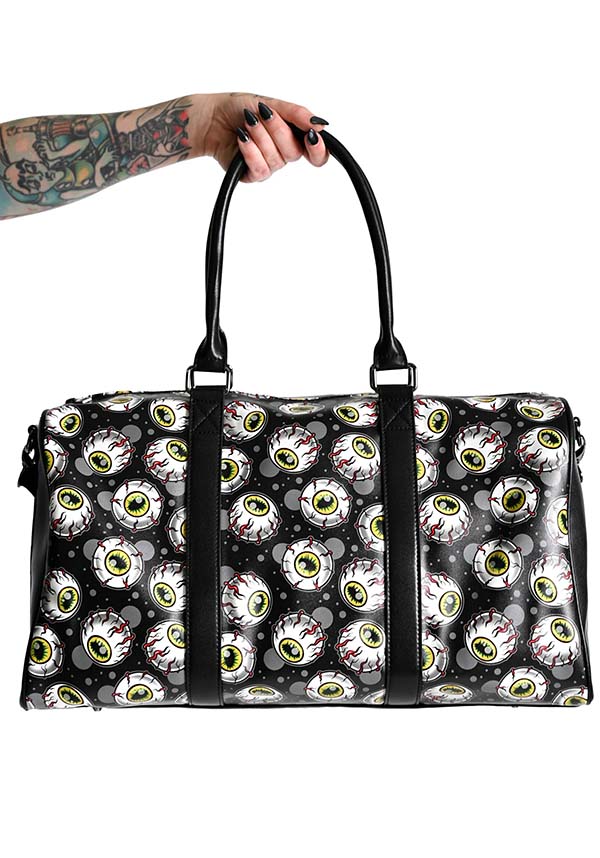 Eye-catching Matte Faux Leather Weekend Duffle Bag with Eyeball Print