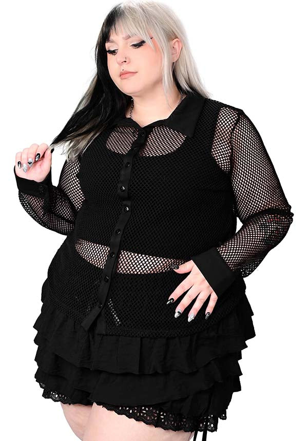 Black Fishnet Long Sleeve Button Up Shirt for Layering