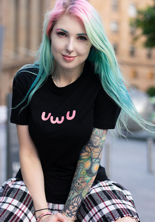 Adorable Neko Girl Manga Style UwU Pink Text Tee