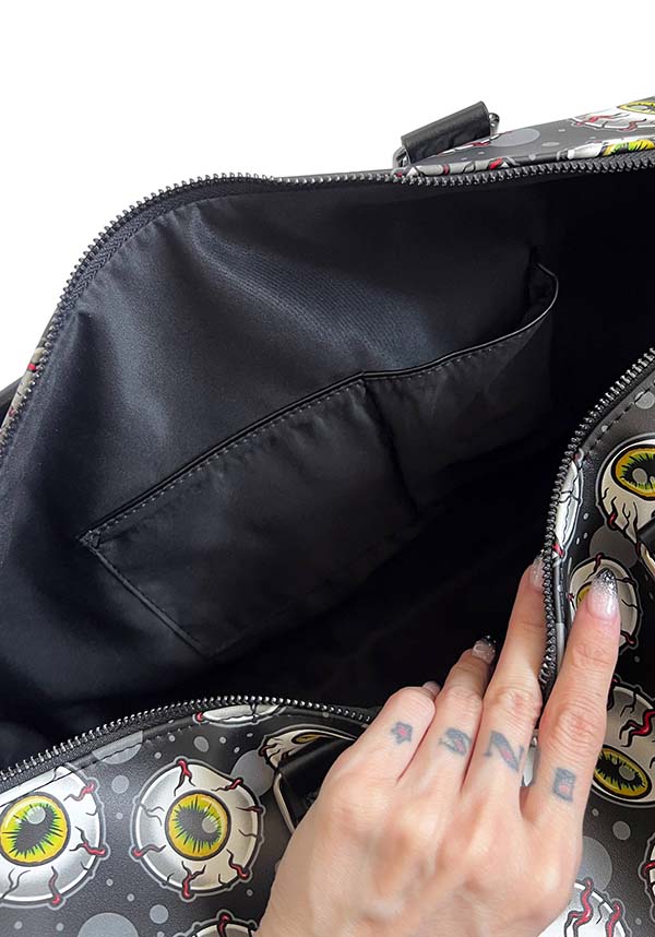 Eye-catching Matte Faux Leather Weekend Duffle Bag with Eyeball Print