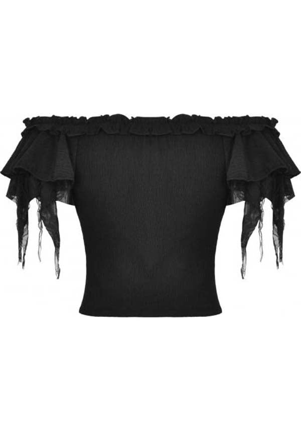 Dark in Love's Elegant Ruched Off-the-Shoulder Fatal Distressed Top