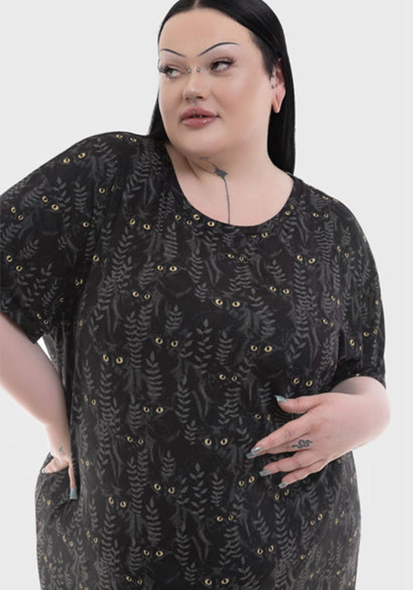 Familiar Woods Themed Cat Print Short Sleeve Mini T-Shirt Dress