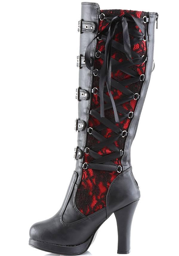 Preorder Demonia Crypto-106 Knee High Boots in Black/Red