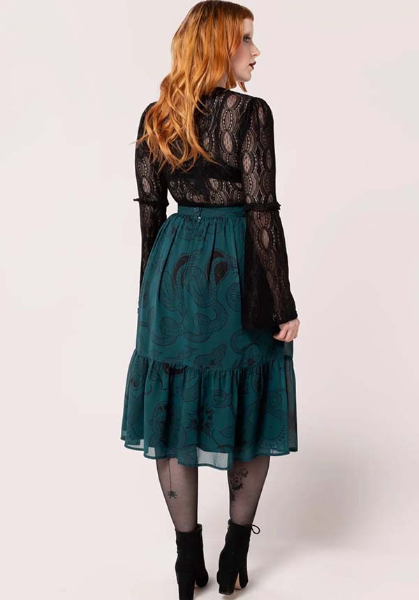 Hell Bunny Dark Green Venom Chiffon Midi Skirt with Snake & Star Prints